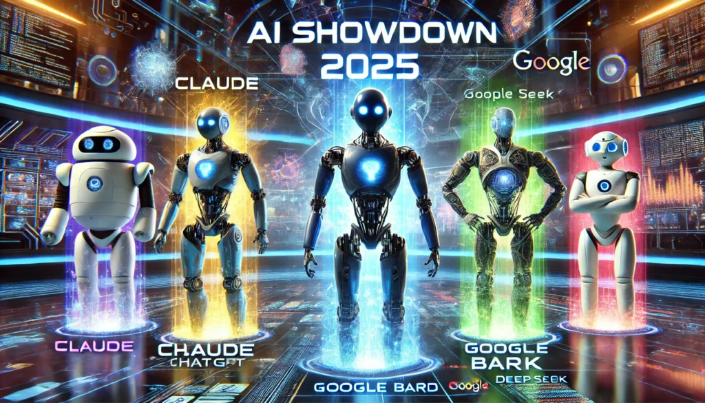 Side-by-side comparison interface of Claude, ChatGPT, Google Bard, and DeepSeek features