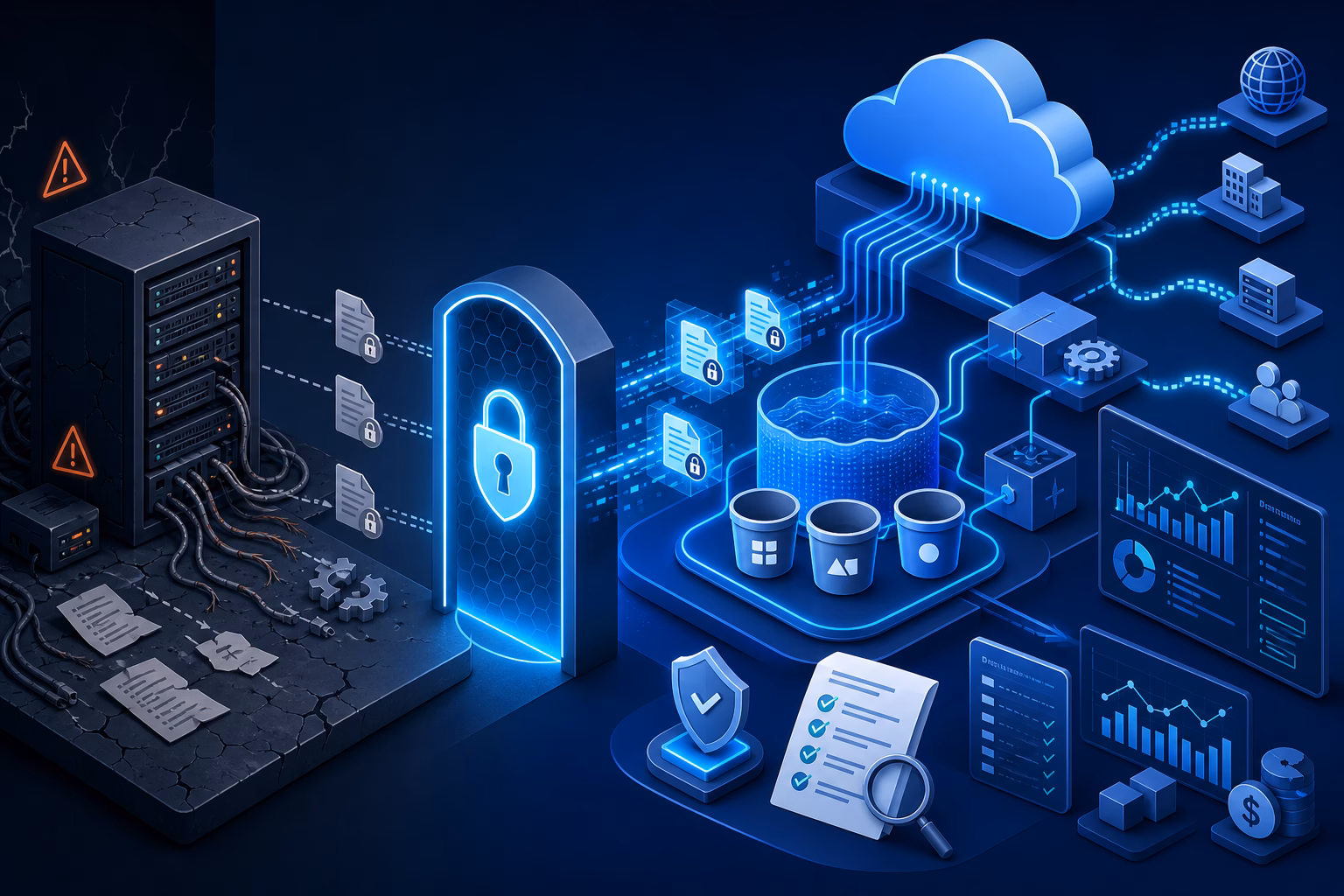 Technical illustration showing legacy SFTP moving to AWS Transfer Family and S3 data pipelines