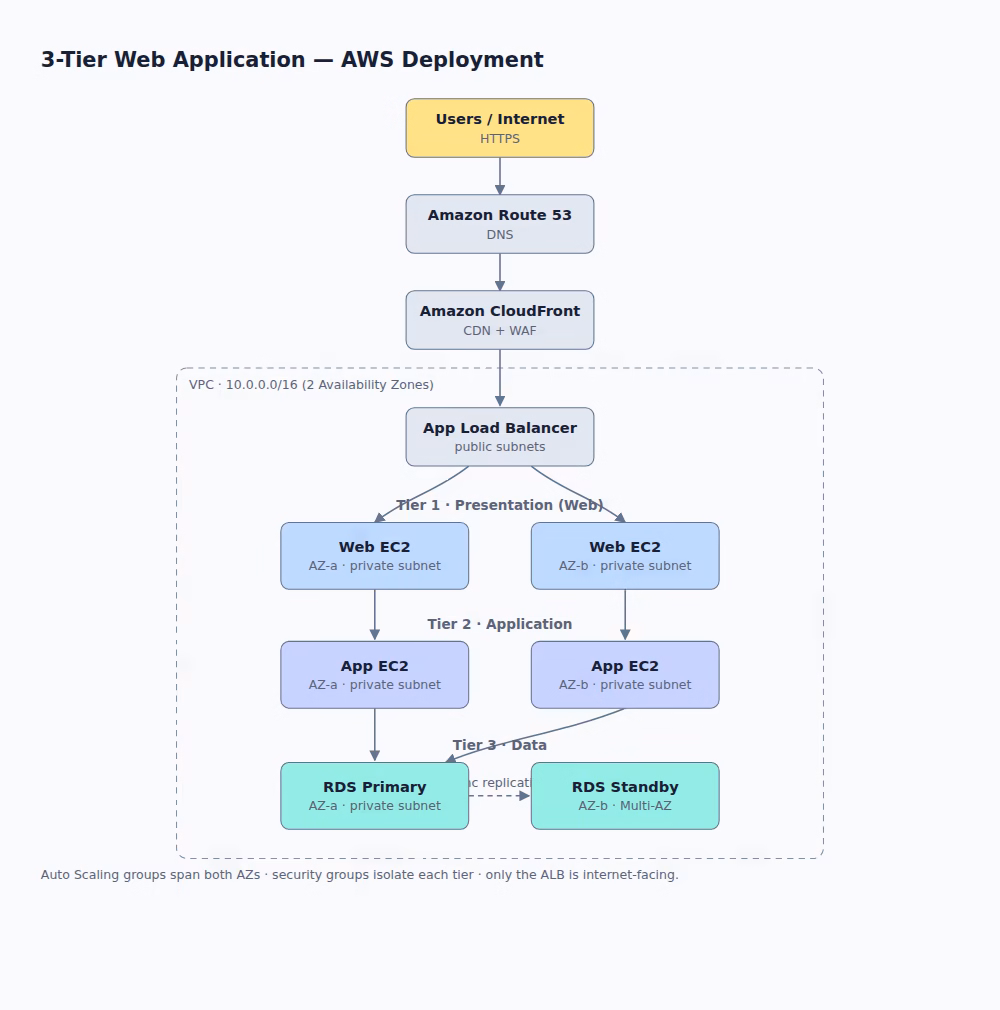 3-tier web application architecture on AWS: Route 53, CloudFront with WAF, a public Application Load Balancer, web and app EC2 tiers in private subnets, and RDS Multi-AZ across two Availability Zones