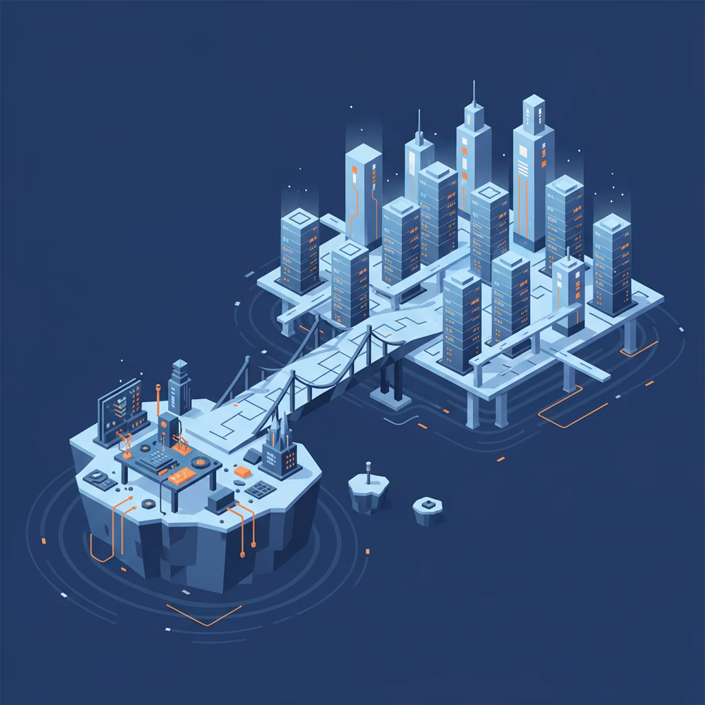 Illustration of a bridge from a small prototype island to a production server city