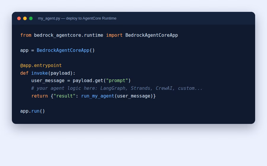 Python code example deploying an agent to Amazon Bedrock AgentCore Runtime