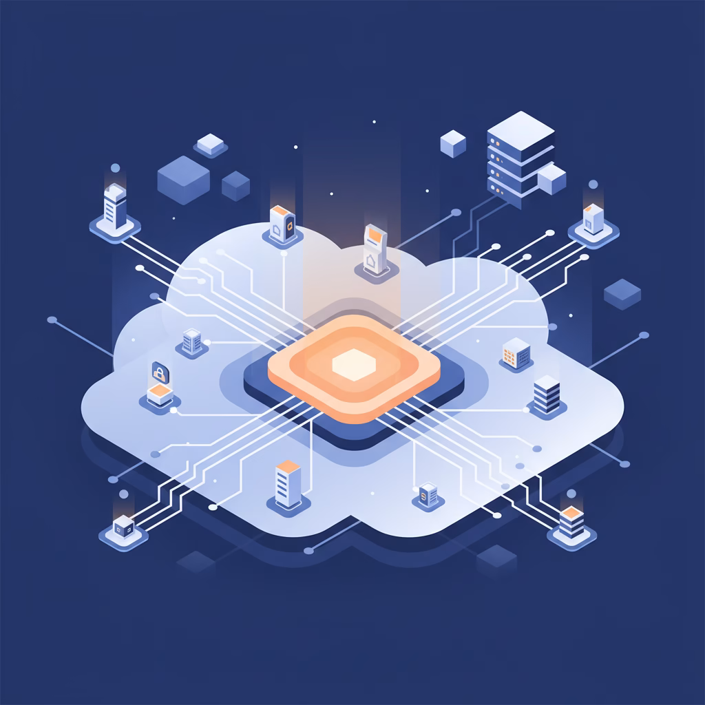 Illustration of a central AI agent platform hub connecting cloud services