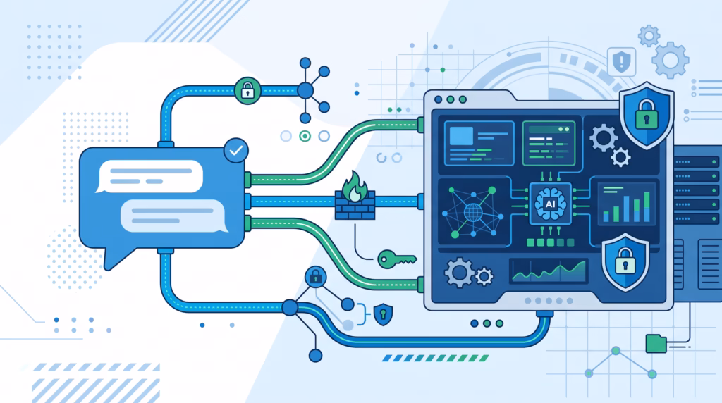 Flat vector illustration of Telegram chat routed through a secure self-hosted AI gateway