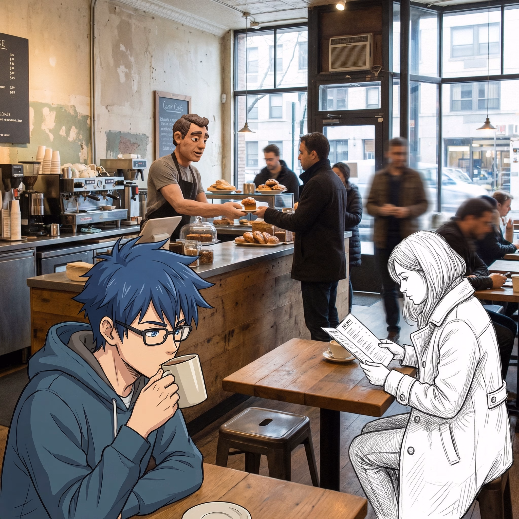 Busy cafe scene mixing an anime character, a pencil sketch person, and a claymation figure in one image