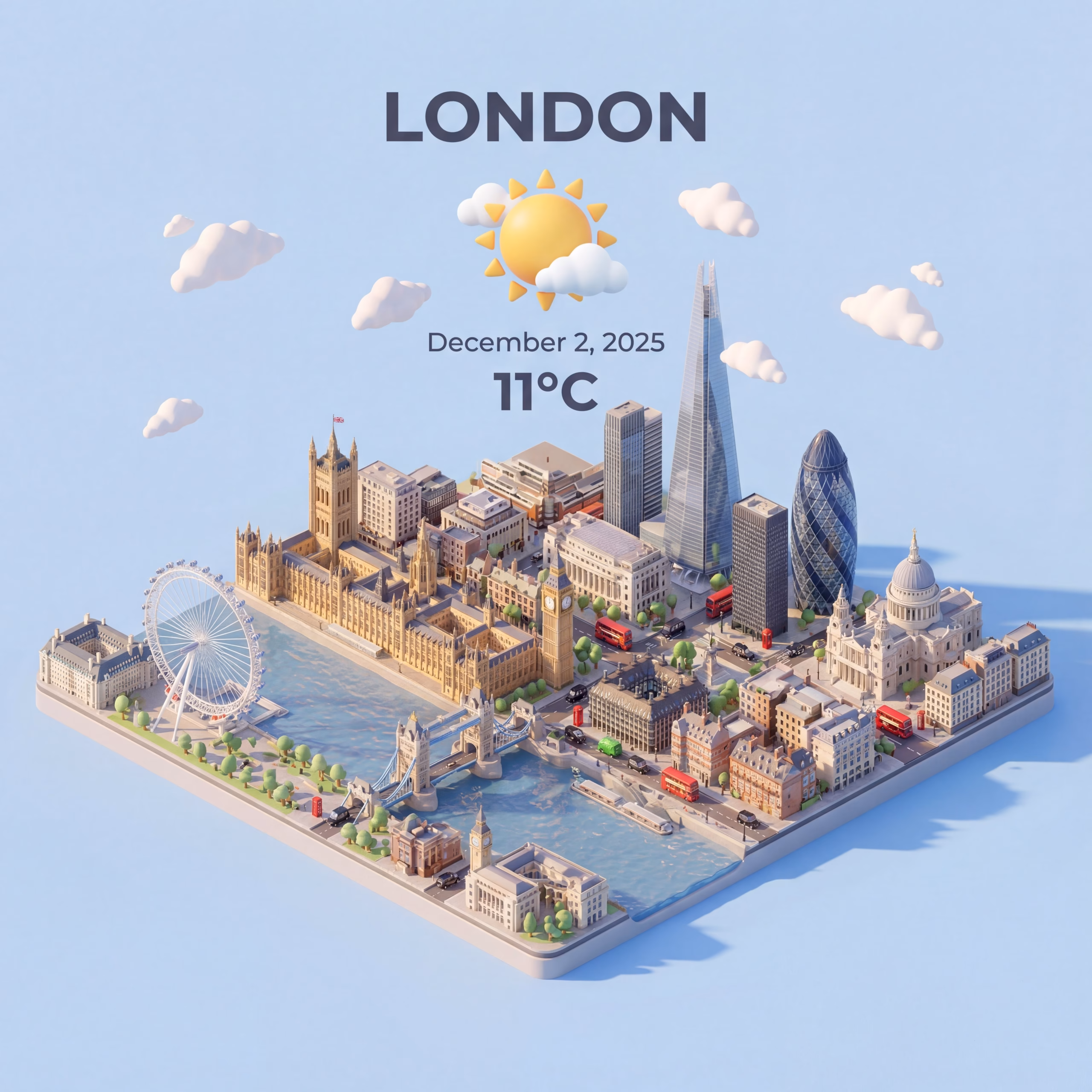 Isometric miniature of London with live weather, date, and temperature rendered into the scene by Nano Banana Pro