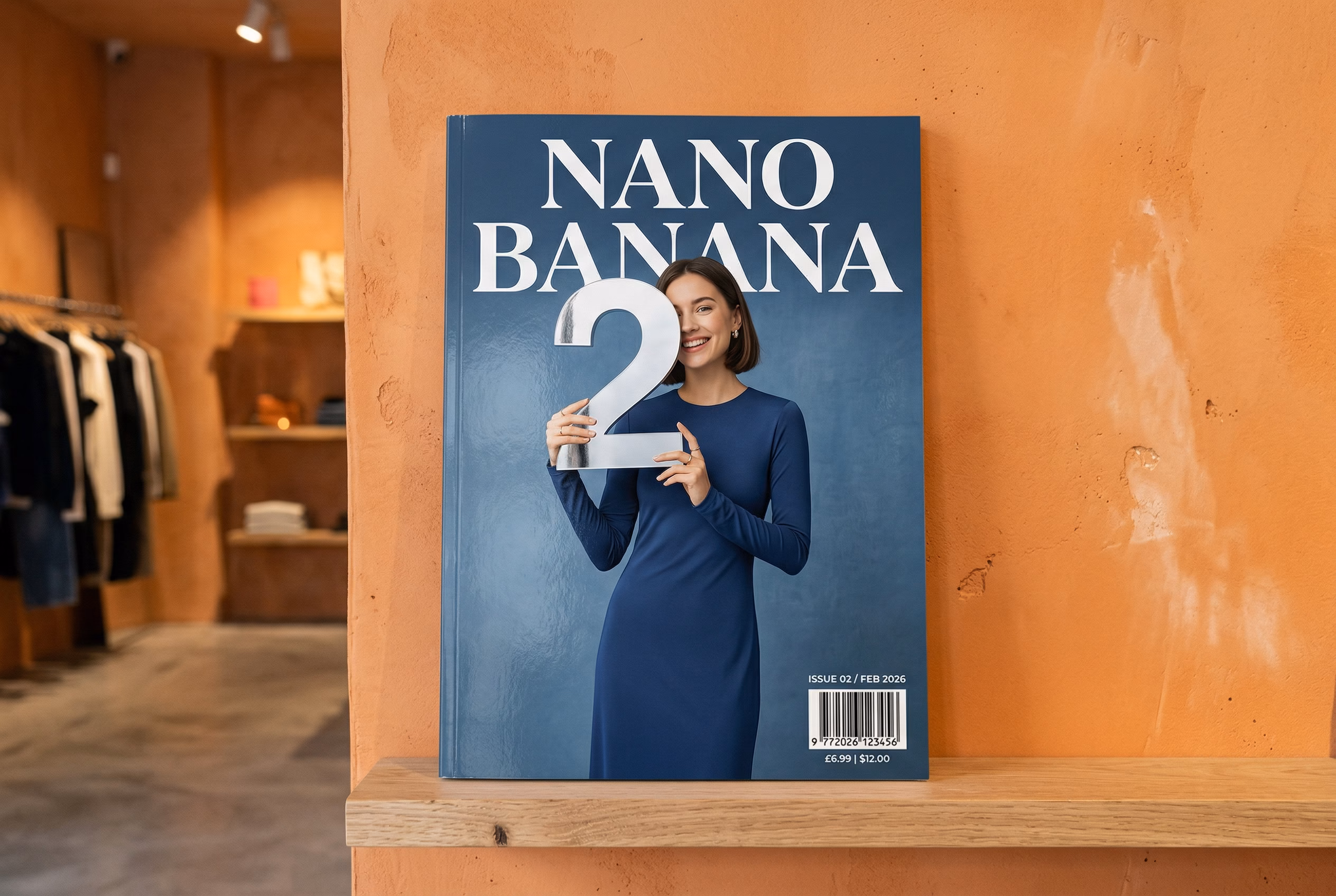 Nano Banana image generation rendering a glossy magazine cover with legible serif text reading Nano Banana