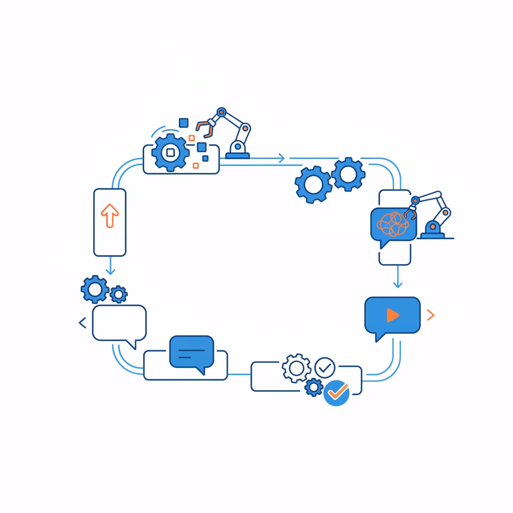 Illustration of the OpenClaw agent loop as a conveyor belt carrying a chat message through processing stations