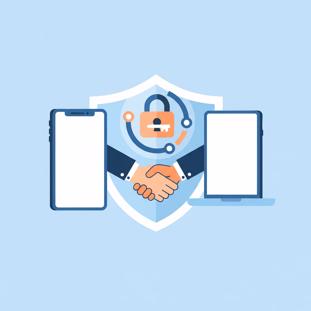 Illustration of device pairing in OpenClaw: a phone and laptop connecting through a padlock, representing device approval and tokens
