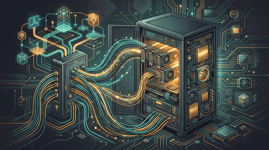 Private GPU servers connected to an OpenClaw local model gateway with network lines and processing nodes