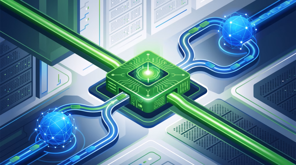 Abstract self-hosted AI gateway routing traffic from a primary model path to backup provider nodes