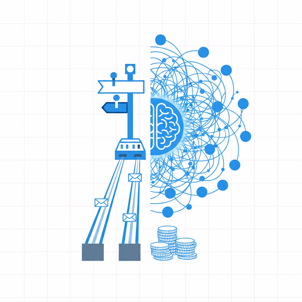 Deterministic binding router sending messages down fixed tracks to isolated agents, versus a costly LLM orchestrator brain spawning many worker nodes