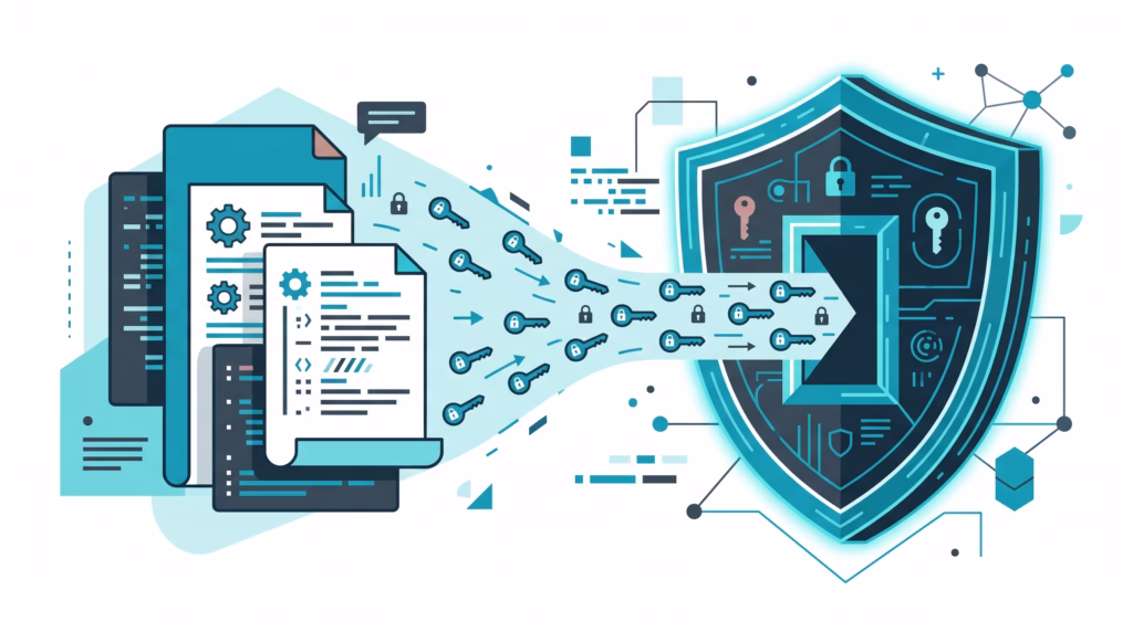 Abstract illustration of locked API keys moving from config files into a protected AI agent runtime snapshot