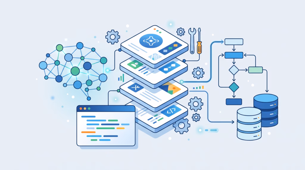 Abstract illustration of reusable OpenClaw skills, instruction cards, tools, workflow nodes, and self-hosted data stores