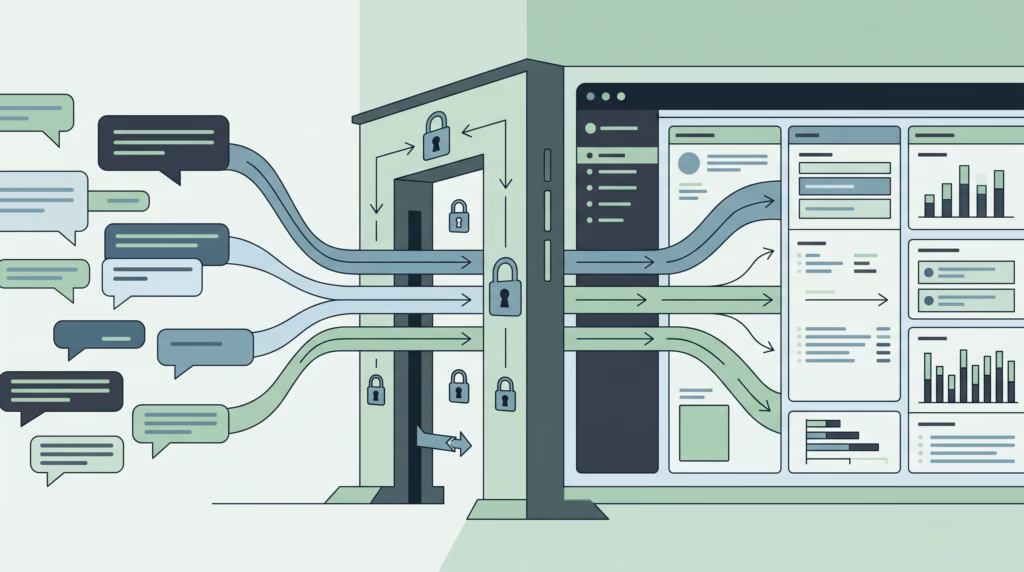 Abstract illustration of Slack-style chat lanes routed through a locked OpenClaw gateway into an AI agent dashboard