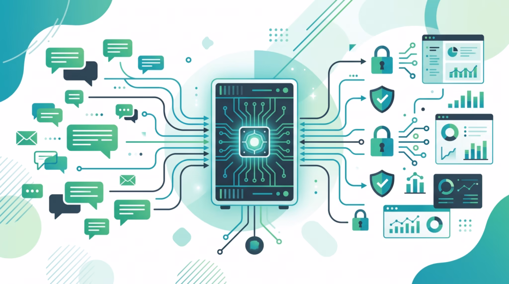 Abstract illustration of a self-hosted AI gateway routing secured chat messages for OpenClaw WhatsApp