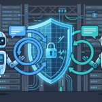 Flat vector illustration of two bot agents with circular message arrows blocked by a shield inside a self-hosted server gateway