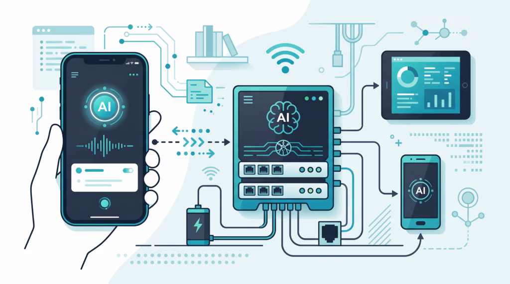 Flat illustration of iOS and Android phones connected to a self-hosted AI Gateway