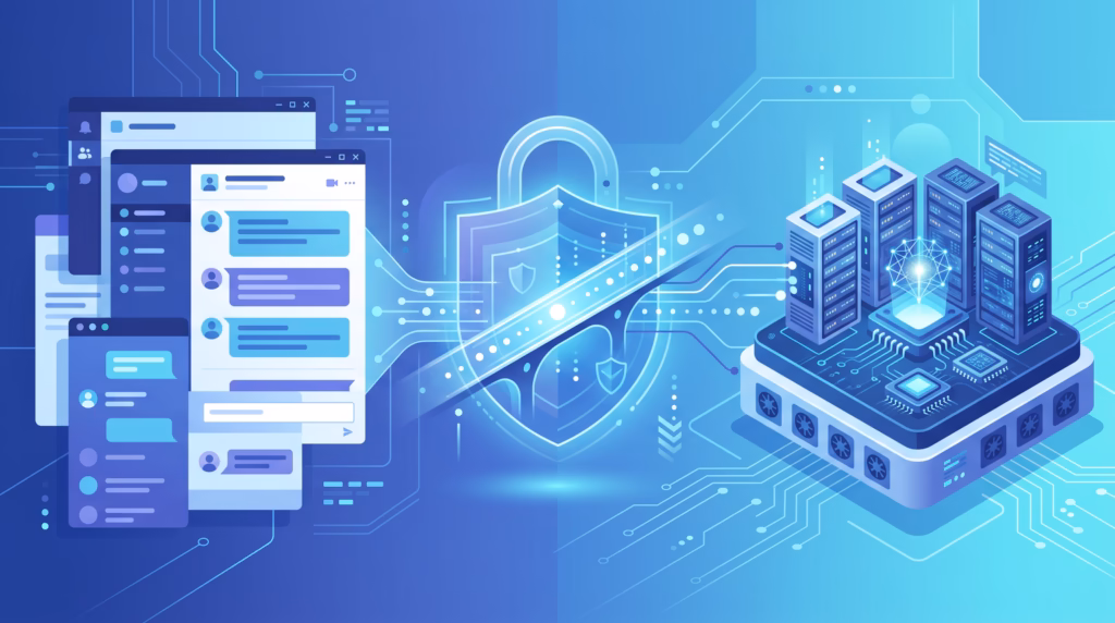 Illustration of workplace chat connected to a secure AI Gateway